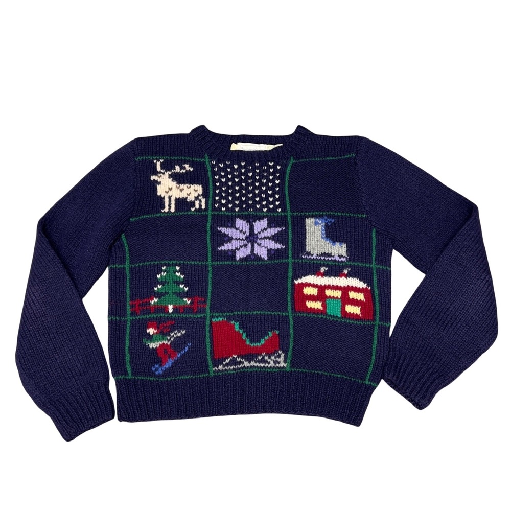 The Eagles Eye Hand Knit Shetland Wool Christmas Sweater‎ Navy Winter Scene Ski